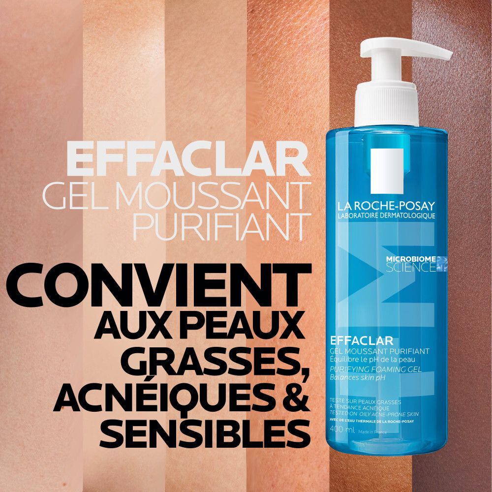 Produit et types de peau. Texte : Convient aux peaux grasses, acnéiques.