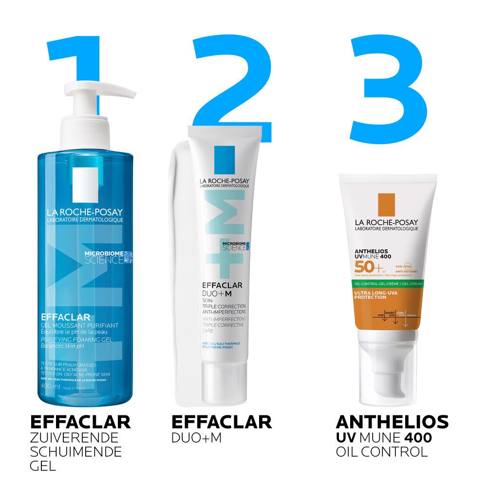 Drie producten: Effaclar reinigingsgel, Duo+M en Anthelios UV Mune 400.