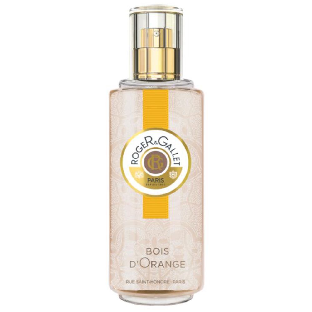 Parfümflasche mit Zerstäuber. Goldfarbener Verschluss. Aufschrift: Bois d'Orange, Roger & Gallet, Paris.