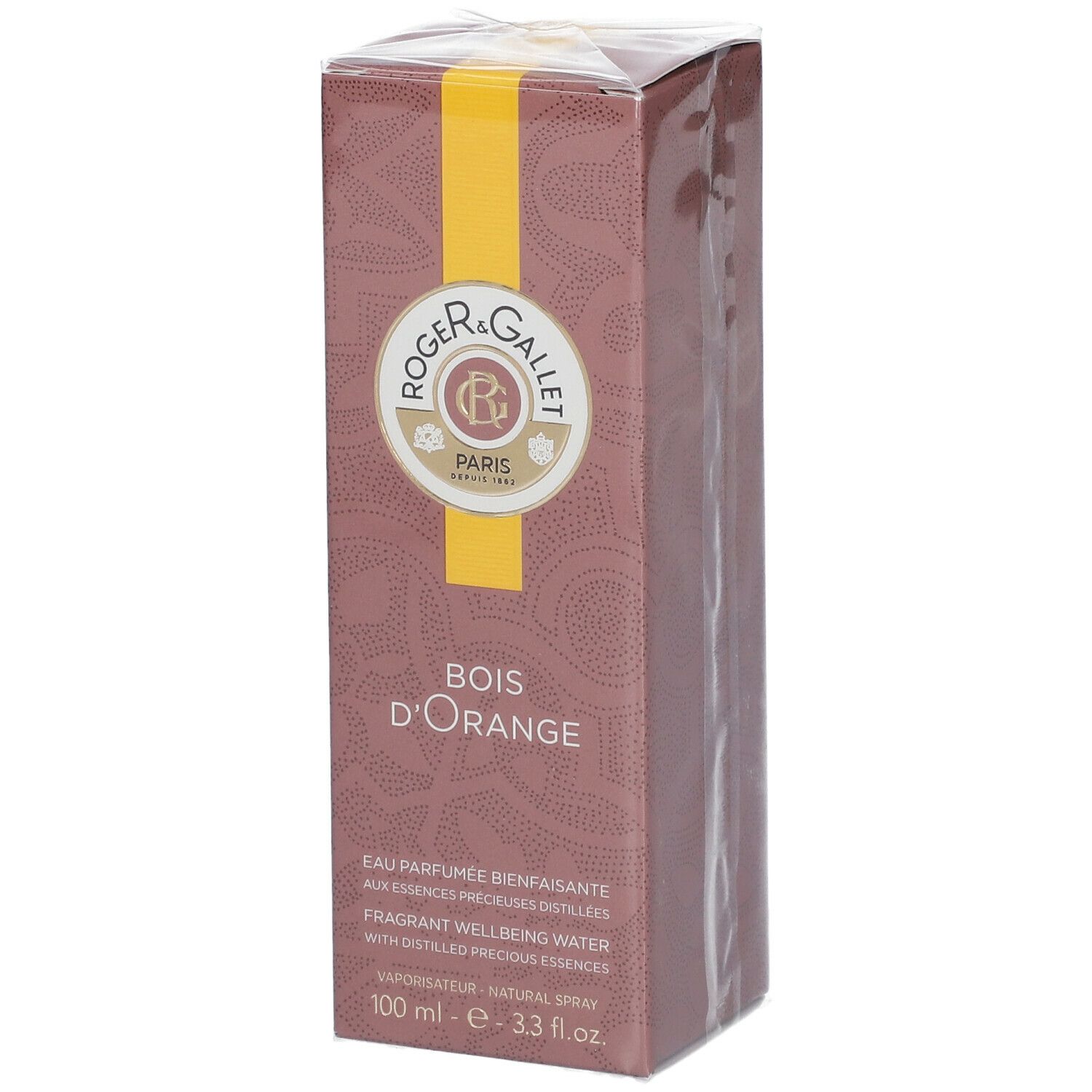 Verpackung. Rechteckige Schachtel, braun mit gelbem Streifen. Aufschrift: Bois d'Orange, Roger & Gallet.