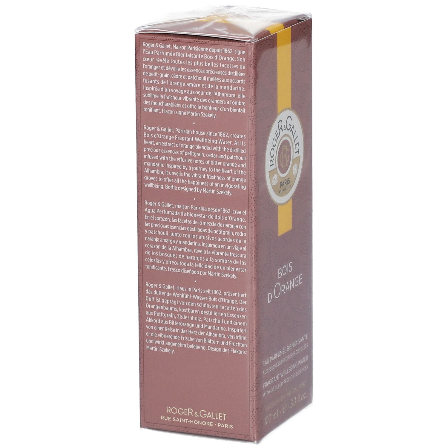 Verpackung. Rechteckige Schachtel, braun mit gelbem Streifen. Text auf Französisch und Englisch.