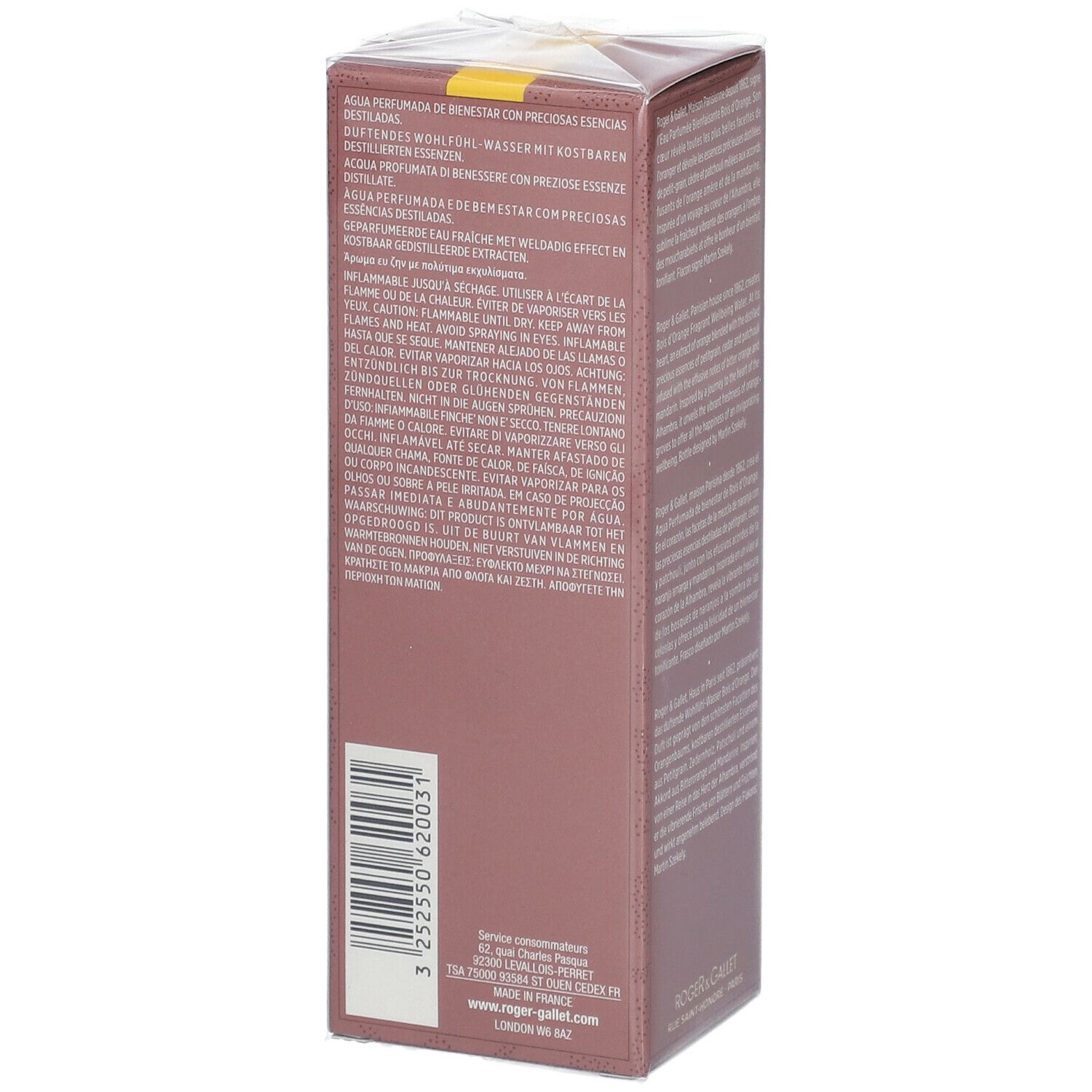 Verpackung. Rechteckige Schachtel, braun mit gelbem Streifen. Text auf Französisch und Englisch.