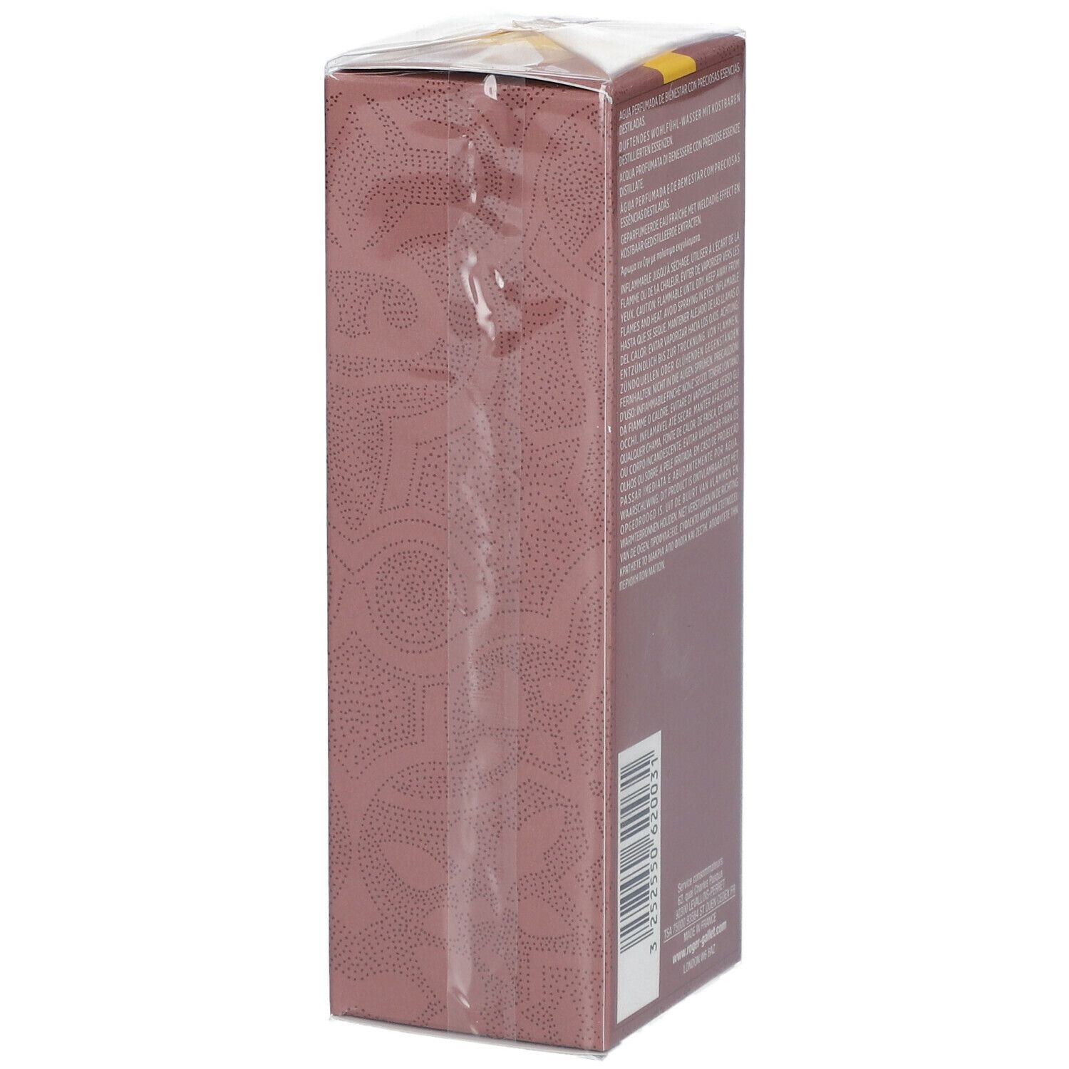 Verpackung. Rechteckige Schachtel, braun mit gelbem Streifen. Text auf Französisch und Englisch.