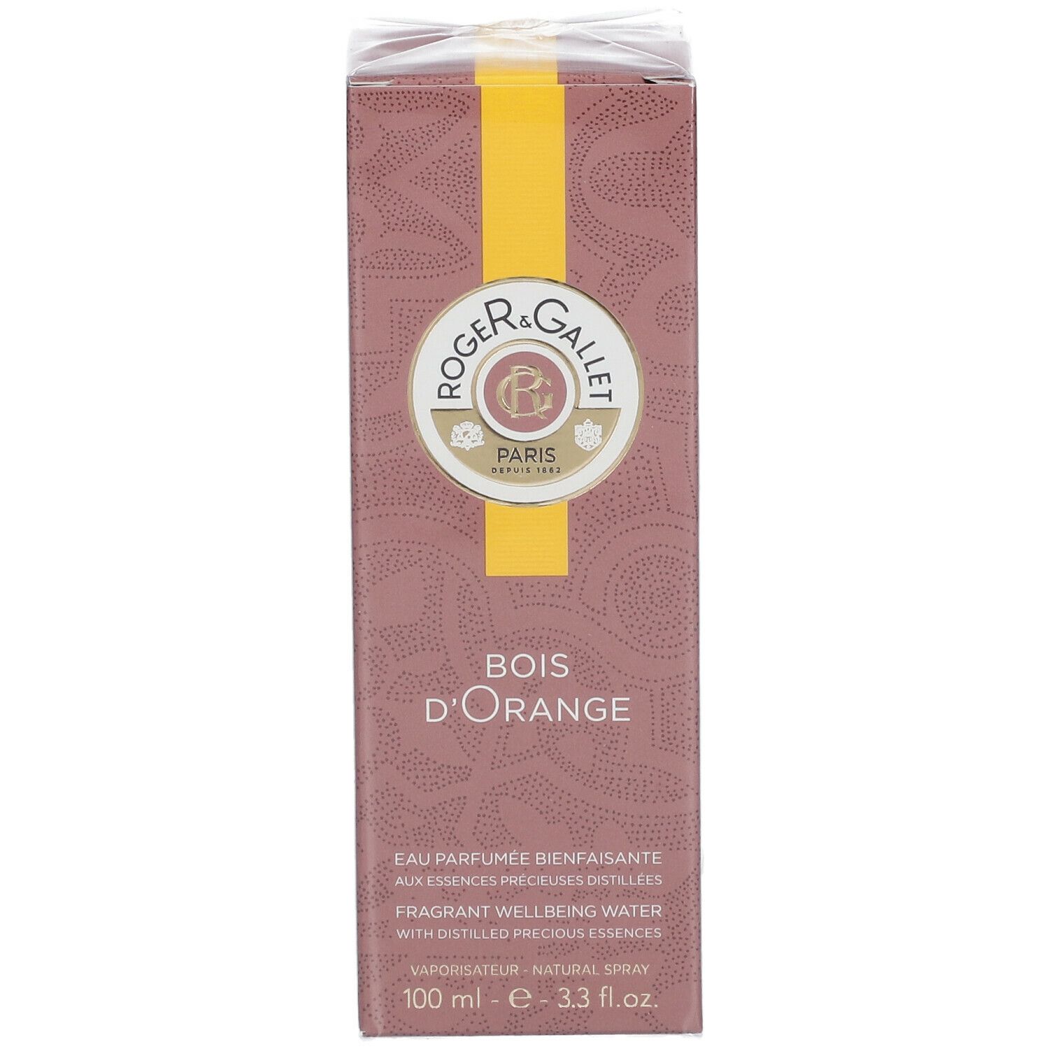 Verpackung. Rechteckige Schachtel, braun mit gelbem Streifen. Aufschrift: Bois d'Orange, Roger & Gallet.