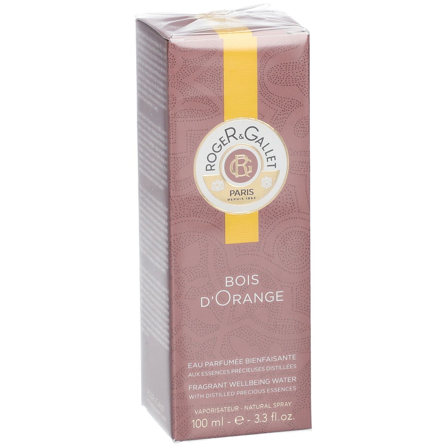Verpackung. Rechteckige Schachtel, braun mit gelbem Streifen. Aufschrift: Bois d'Orange, Roger & Gallet.