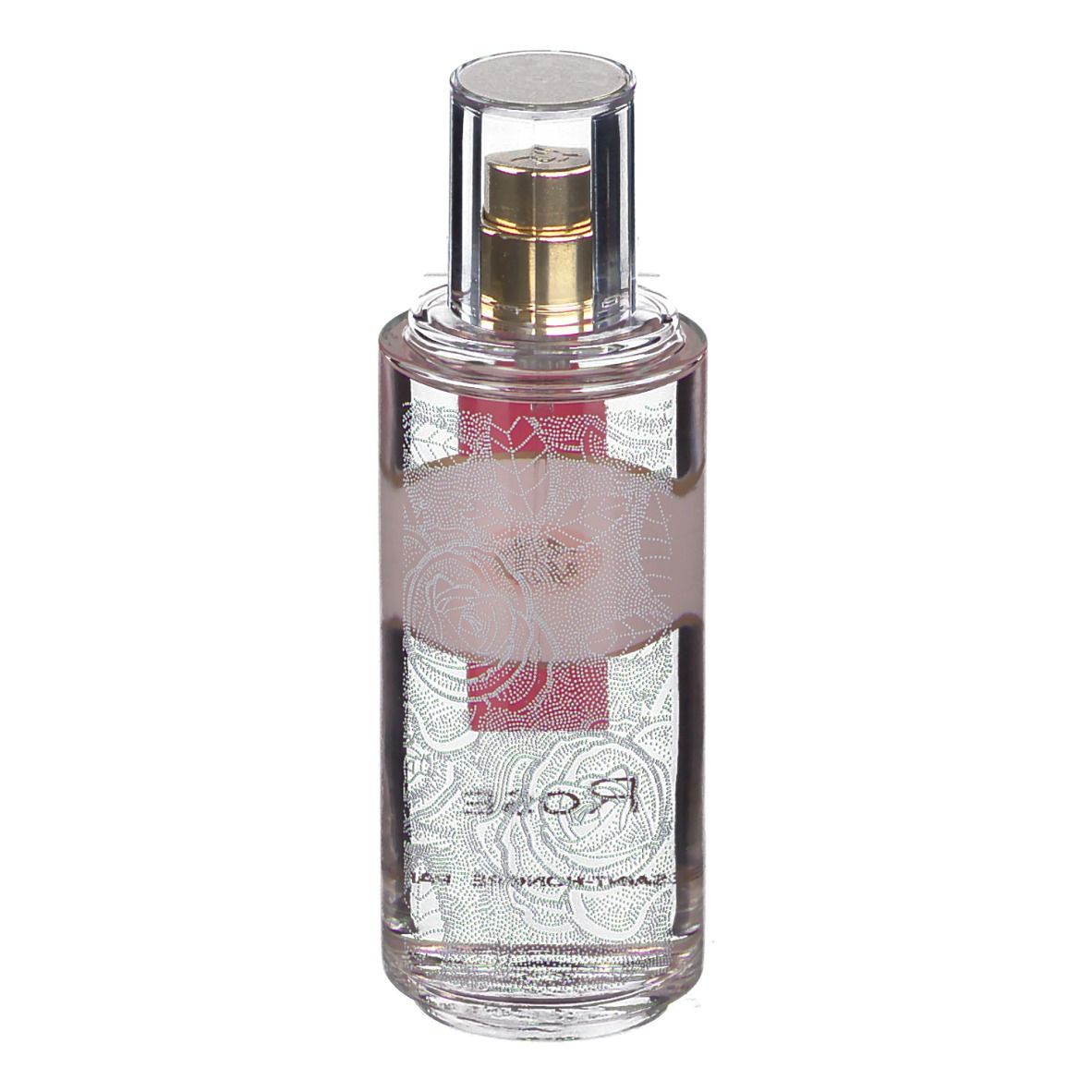 Transparante fles met gouden verstuiver. Bloemenpatroon. Opschrift Rose. Geen andere tekst.