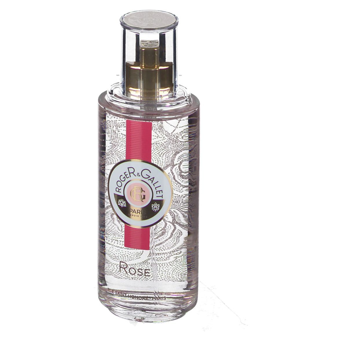 Transparante fles met gouden verstuiver. Label met logo en tekst. Rode streep. Opschrift Rose.