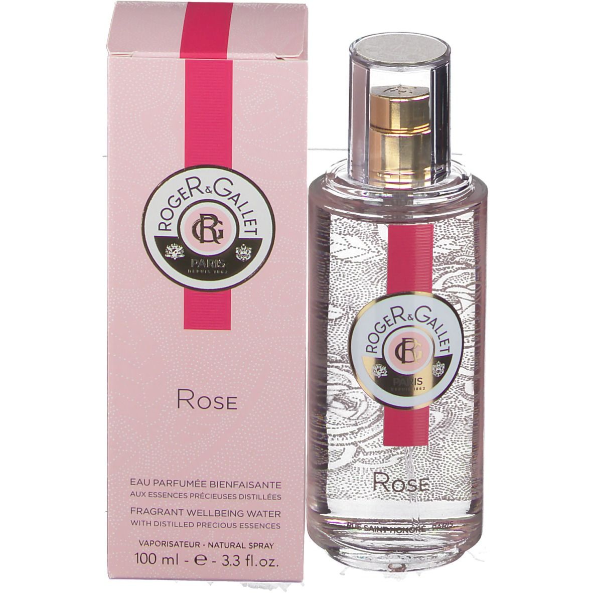 Fles met gouden verstuiver en roze verpakking. Logo en tekst op fles en verpakking. Opschrift Rose.