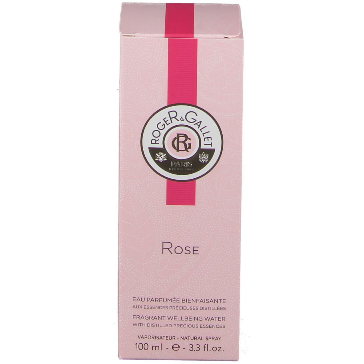 Roze verpakking met logo en tekst. Opschrift Rose. Tekst over geurwater en ingrediënten. 100 ml.