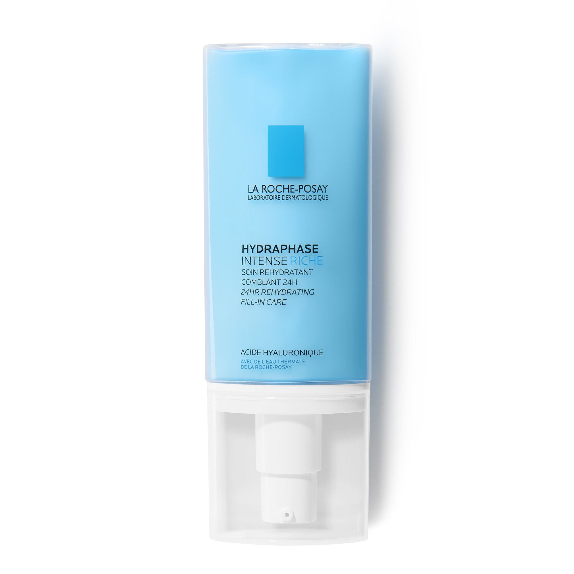 Tubo blu con dispenser bianco. Scritta: La Roche-Posay, Hydraphase Intense Riche. Nome del prodotto e logo.