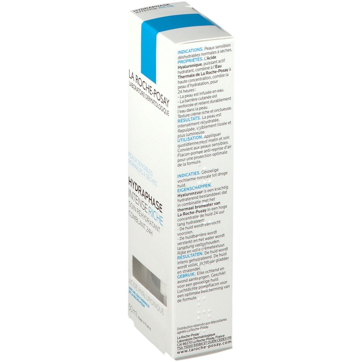 Confezione bianca con striscia blu. Scritta: La Roche-Posay, Hydraphase Intense Riche. Nome del prodotto e logo.