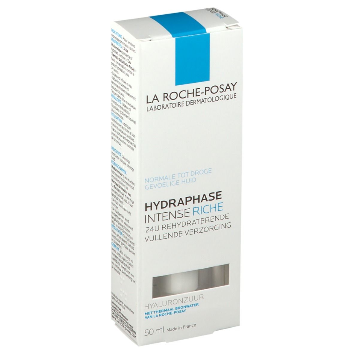 Confezione bianca con striscia blu. Scritta: La Roche-Posay, Hydraphase Intense Riche. Nome del prodotto e logo.
