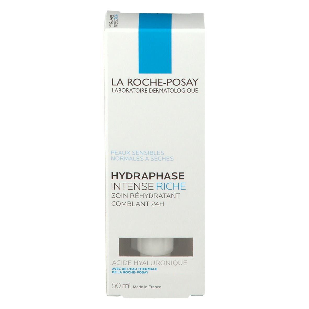 Confezione bianca con striscia blu. Scritta: La Roche-Posay, Hydraphase Intense Riche. Nome del prodotto e logo.