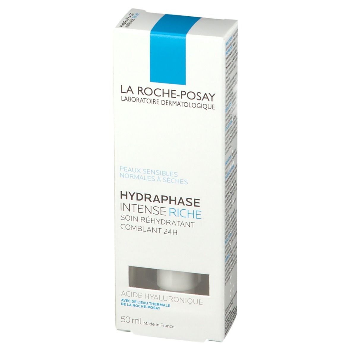 Confezione bianca con striscia blu. Scritta: La Roche-Posay, Hydraphase Intense Riche. Nome del prodotto e logo.