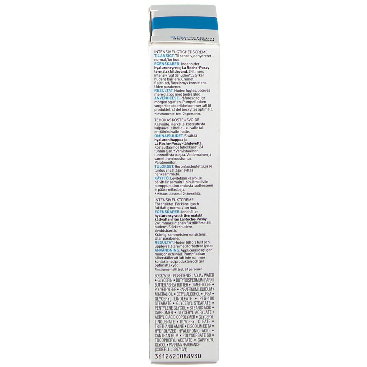 Confezione bianca con striscia blu. Scritta: La Roche-Posay, Hydraphase Intense Riche. Nome del prodotto e logo.