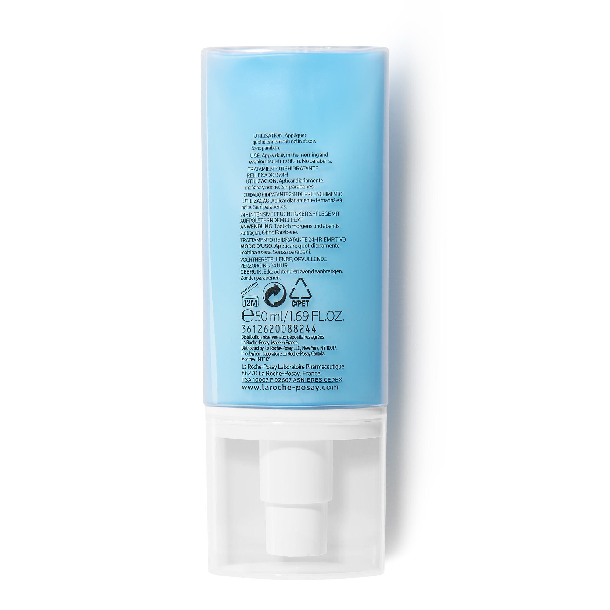 Retro del tubo blu. Testo multilingue. Informazioni sul prodotto, ingredienti e produttore.