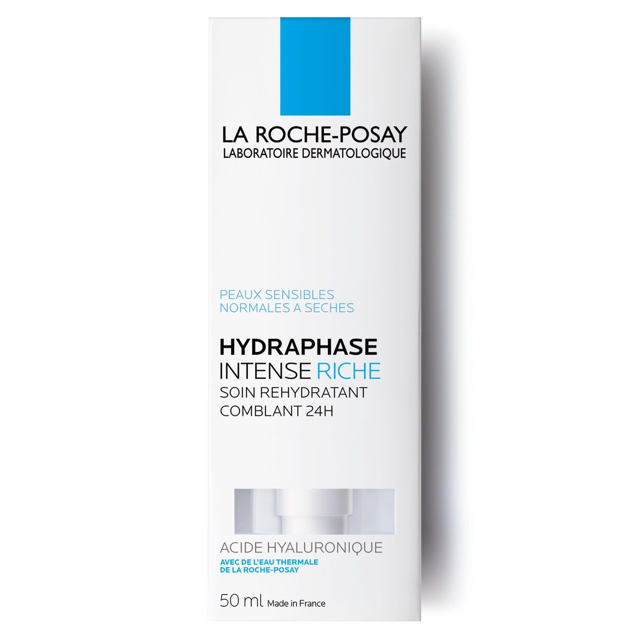 Confezione bianca con striscia blu. Scritta: La Roche-Posay, Hydraphase Intense Riche. Nome del prodotto e logo.