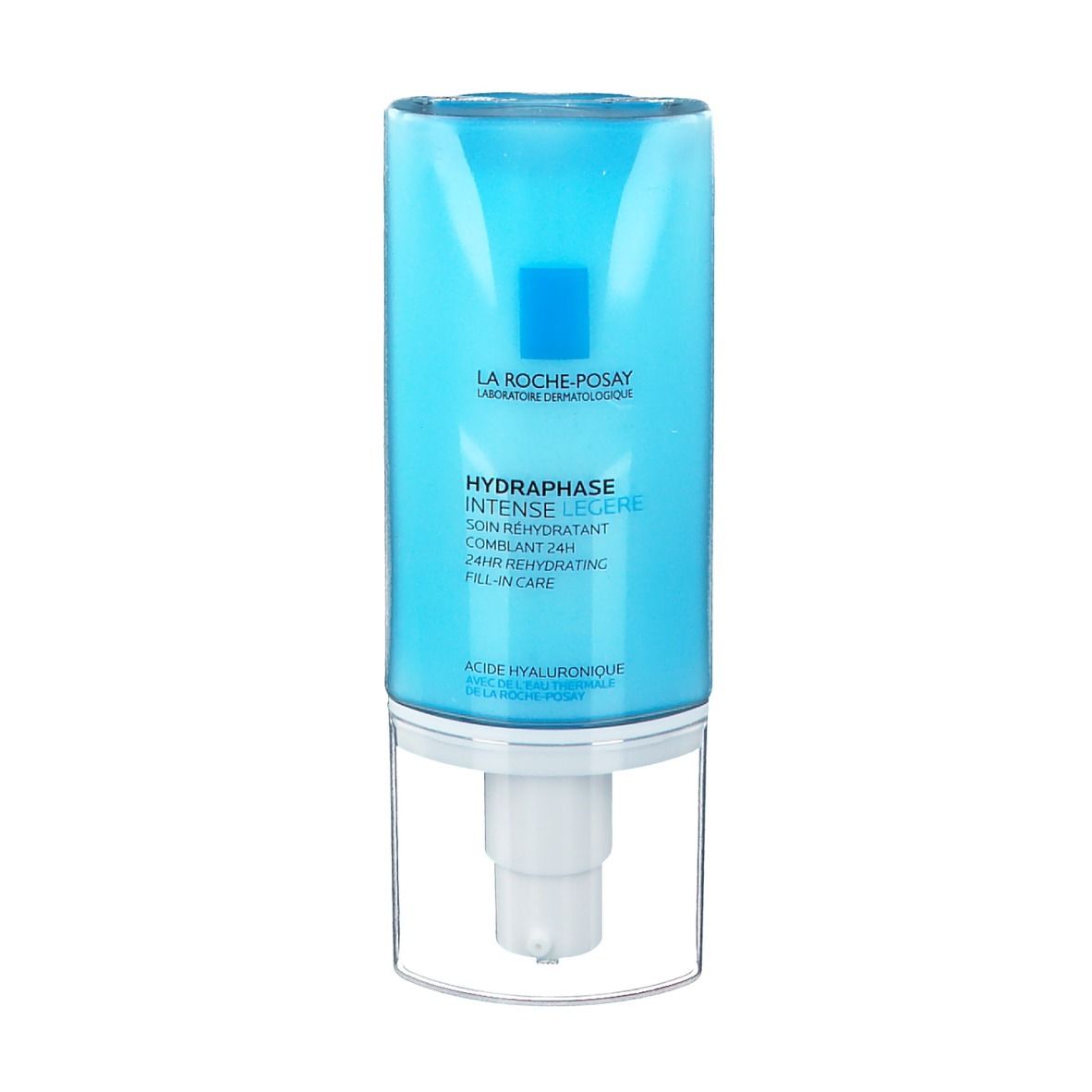 Flacon bleu clair avec pompe. Inscription : La Roche-Posay, Hydraphase Intense Légère. Emballage transparent.
