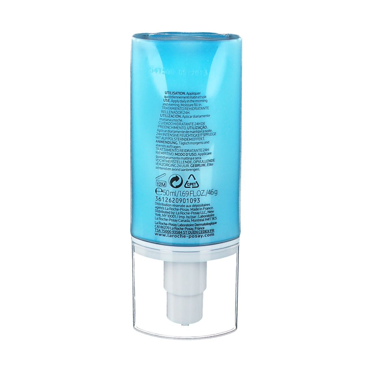 Dos du flacon bleu clair. Texte : ingrédients, instructions d'utilisation, informations fabricant. 50ml.