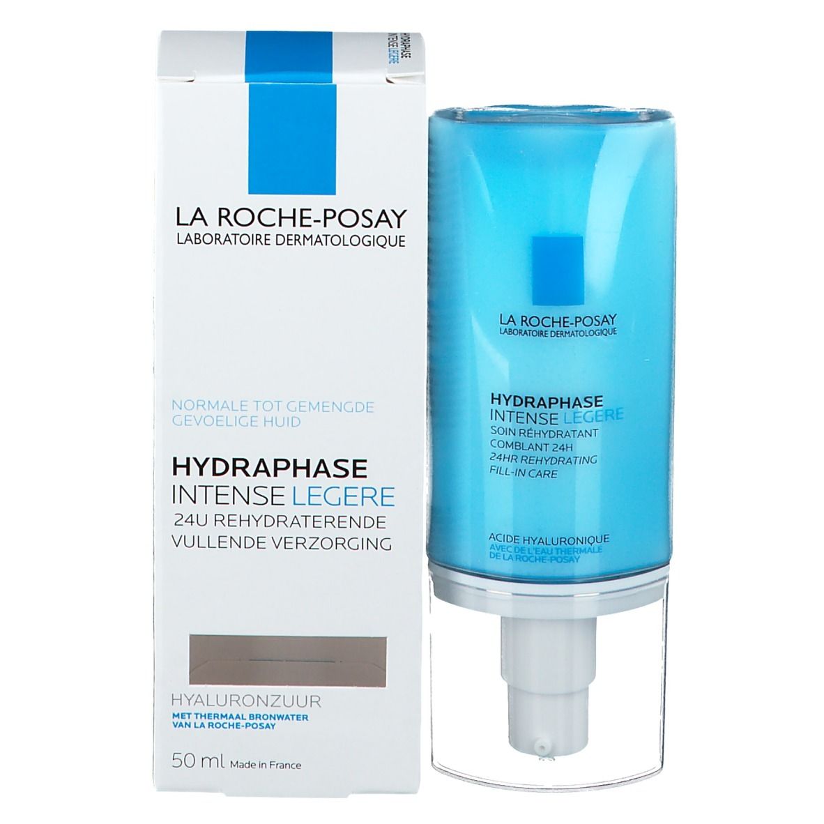 Emballage avec flacon. Inscription : La Roche-Posay, Hydraphase Intense Légère. 50 ml.