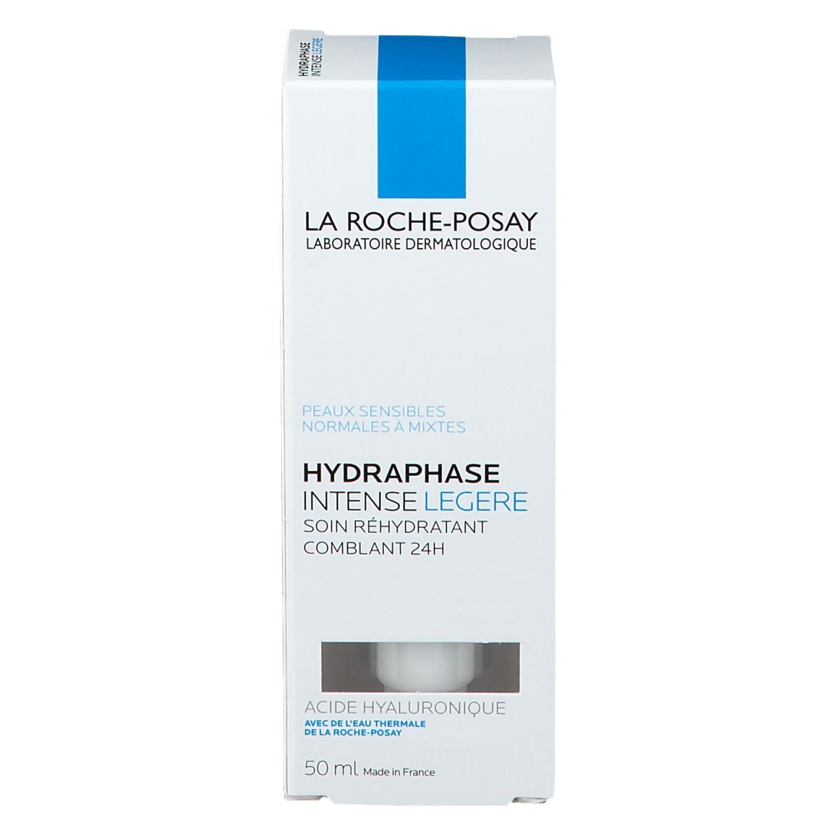 Emballage blanc avec bande bleue. Inscription : La Roche-Posay, Hydraphase Intense Légère. 50 ml.