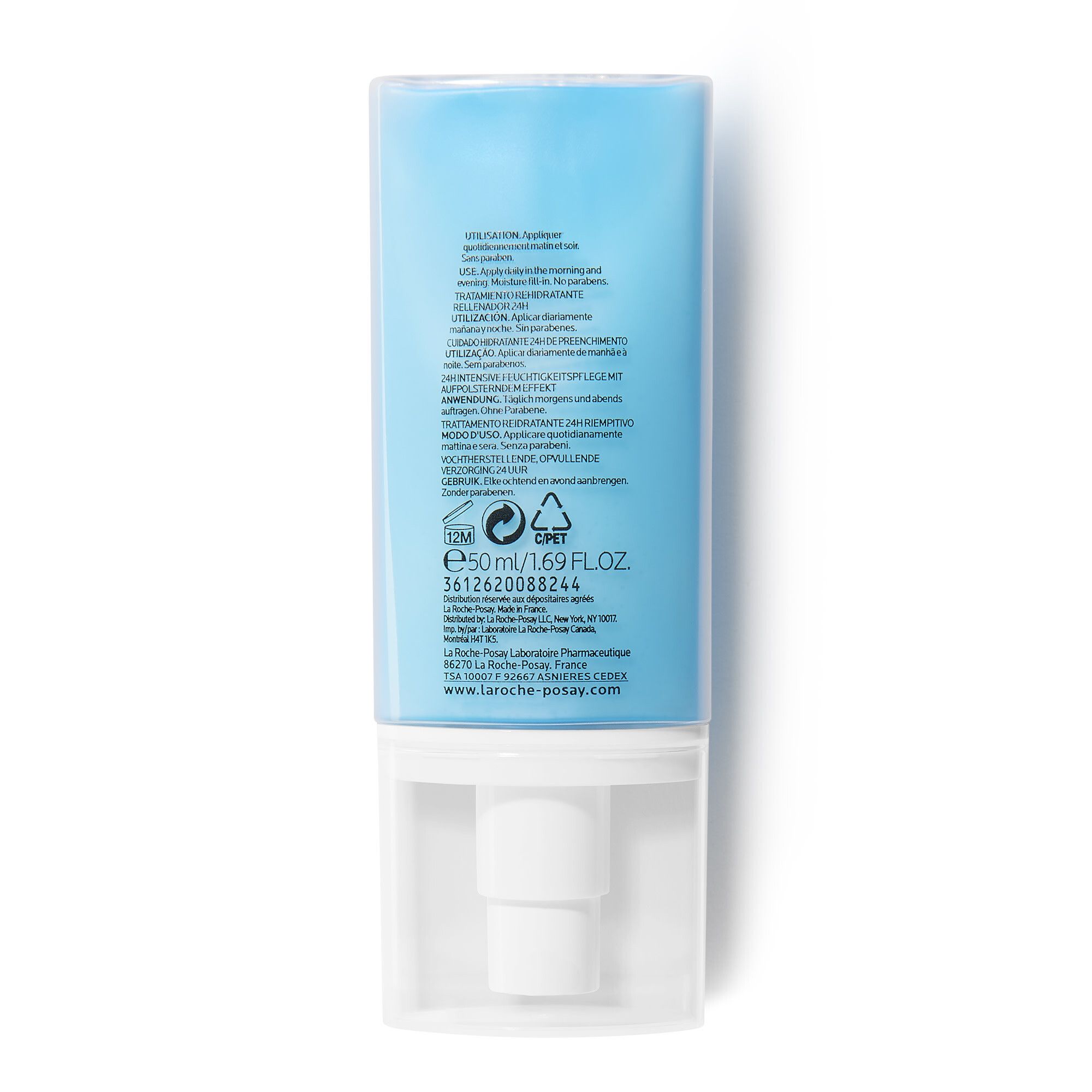Dos du flacon bleu clair. Texte : ingrédients, instructions d'utilisation, informations fabricant. 50ml.