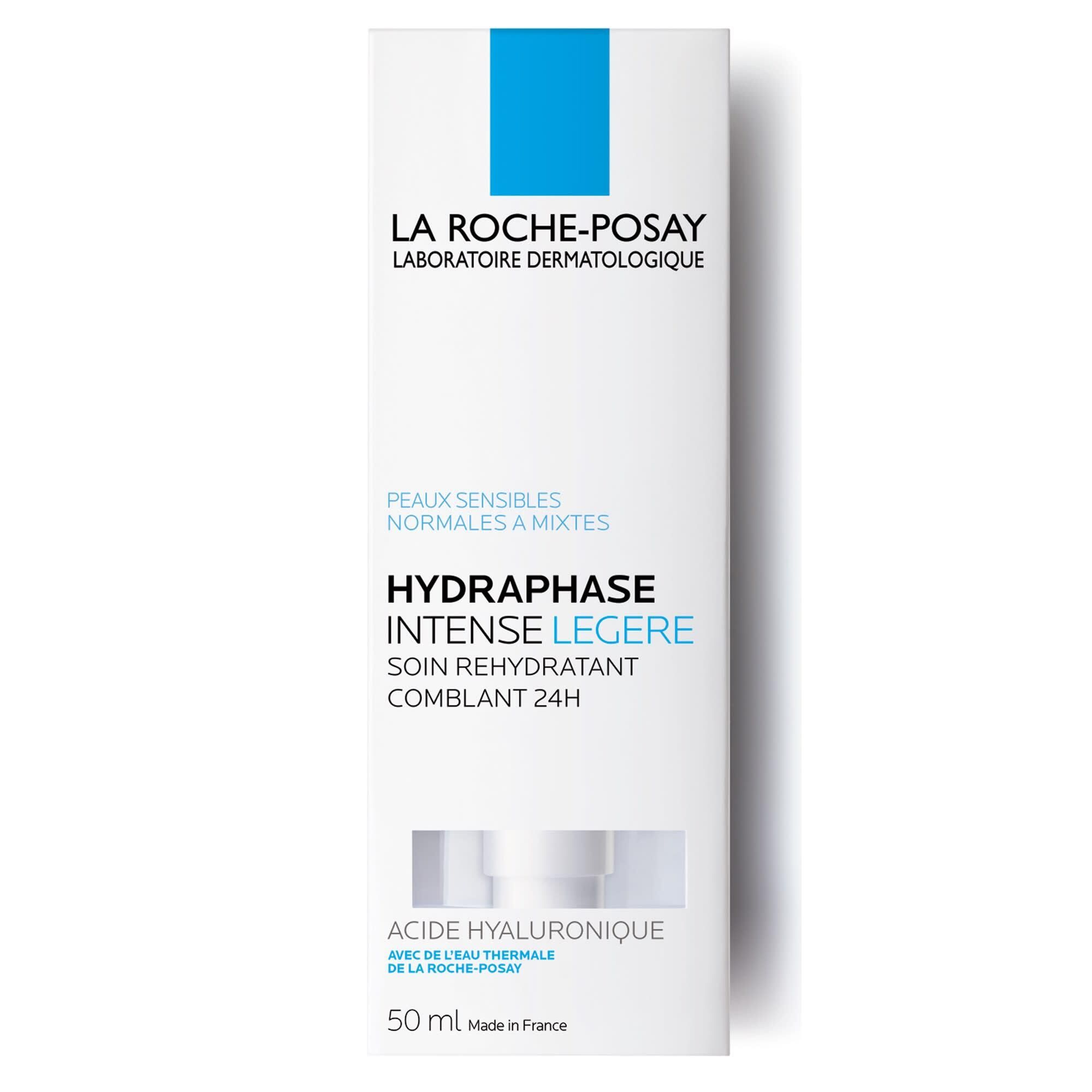 Emballage blanc avec bande bleue. Inscription : La Roche-Posay, Hydraphase Intense Légère. 50 ml.