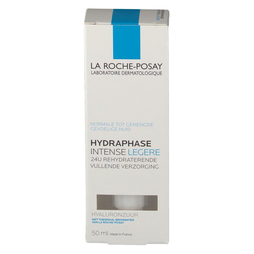 Emballage avec bande bleue. Inscription : La Roche-Posay, Hydraphase Intense Légère. 50 ml.