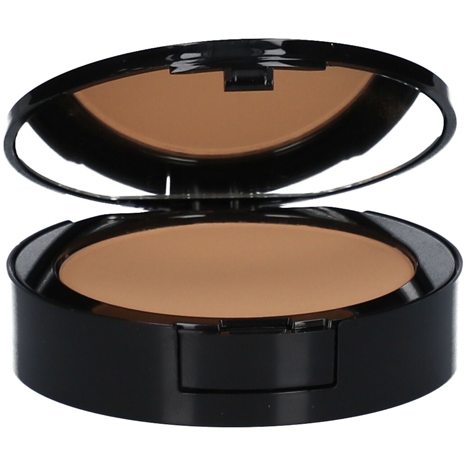 Poudre compacte de maquillage noire avec couvercle ouvert et miroir. La poudre est brun clair.