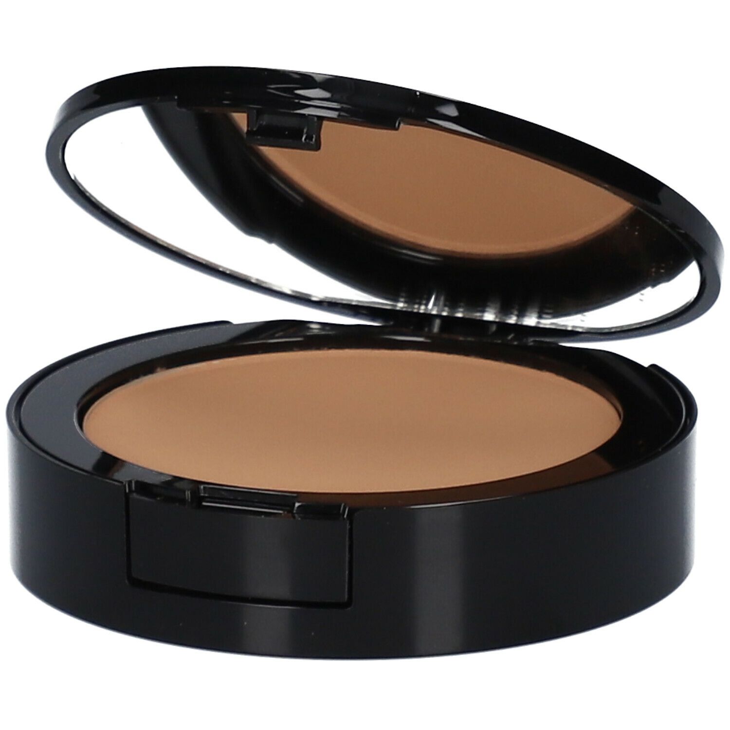 Poudre compacte de maquillage noire avec couvercle ouvert et miroir. La poudre est brun clair.