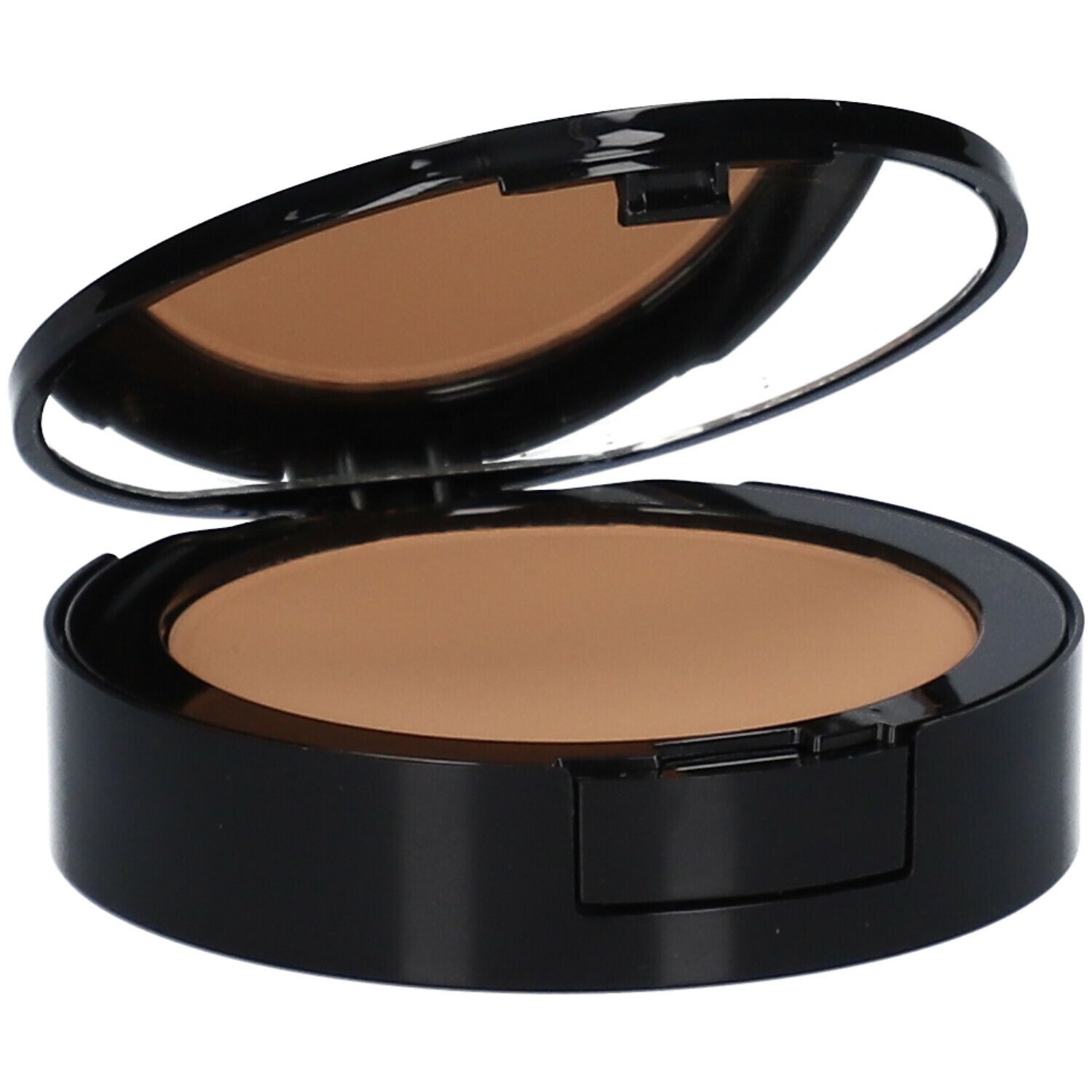 Poudre compacte de maquillage noire avec couvercle ouvert et miroir. La poudre est brun clair.