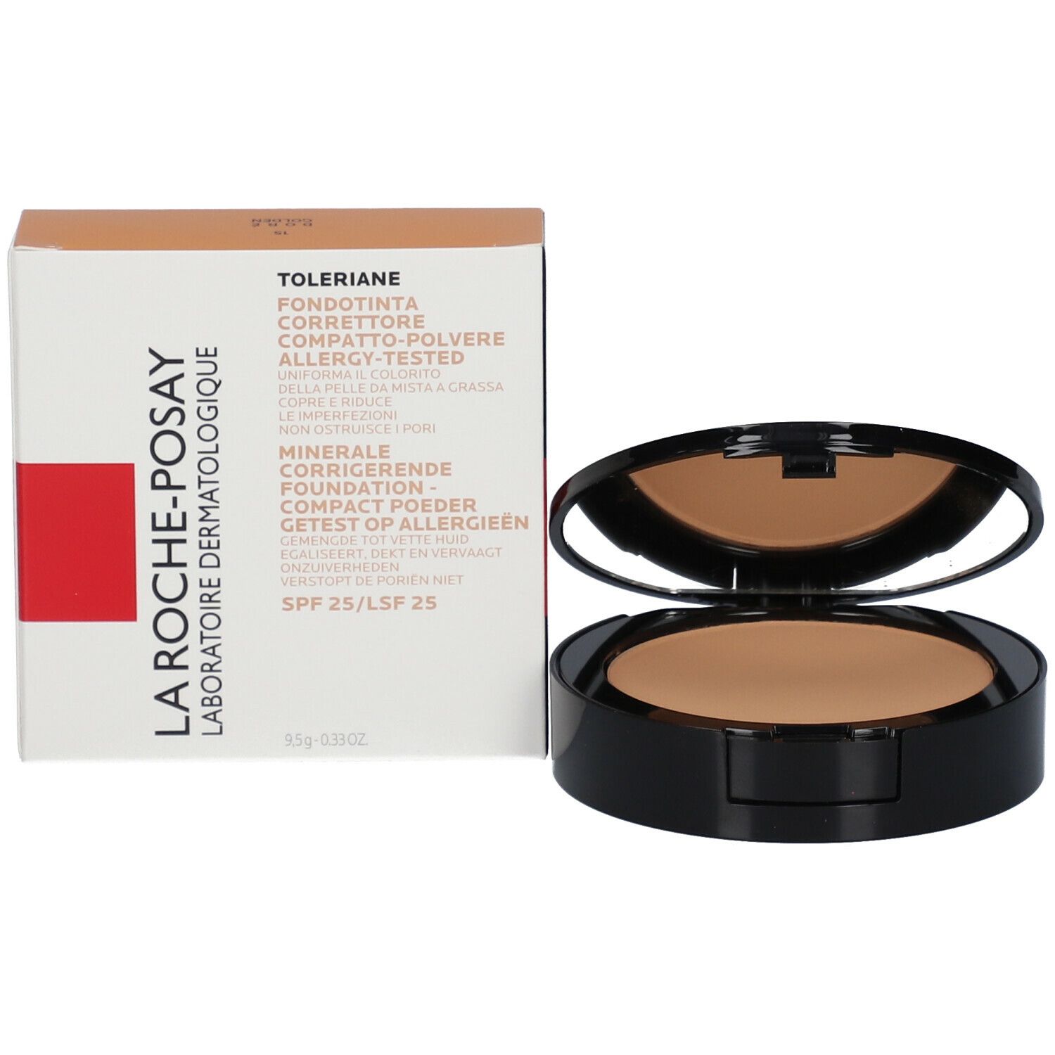 Poudre compacte de maquillage et emballage. Toleriane et La Roche-Posay sont écrits sur l'emballage.