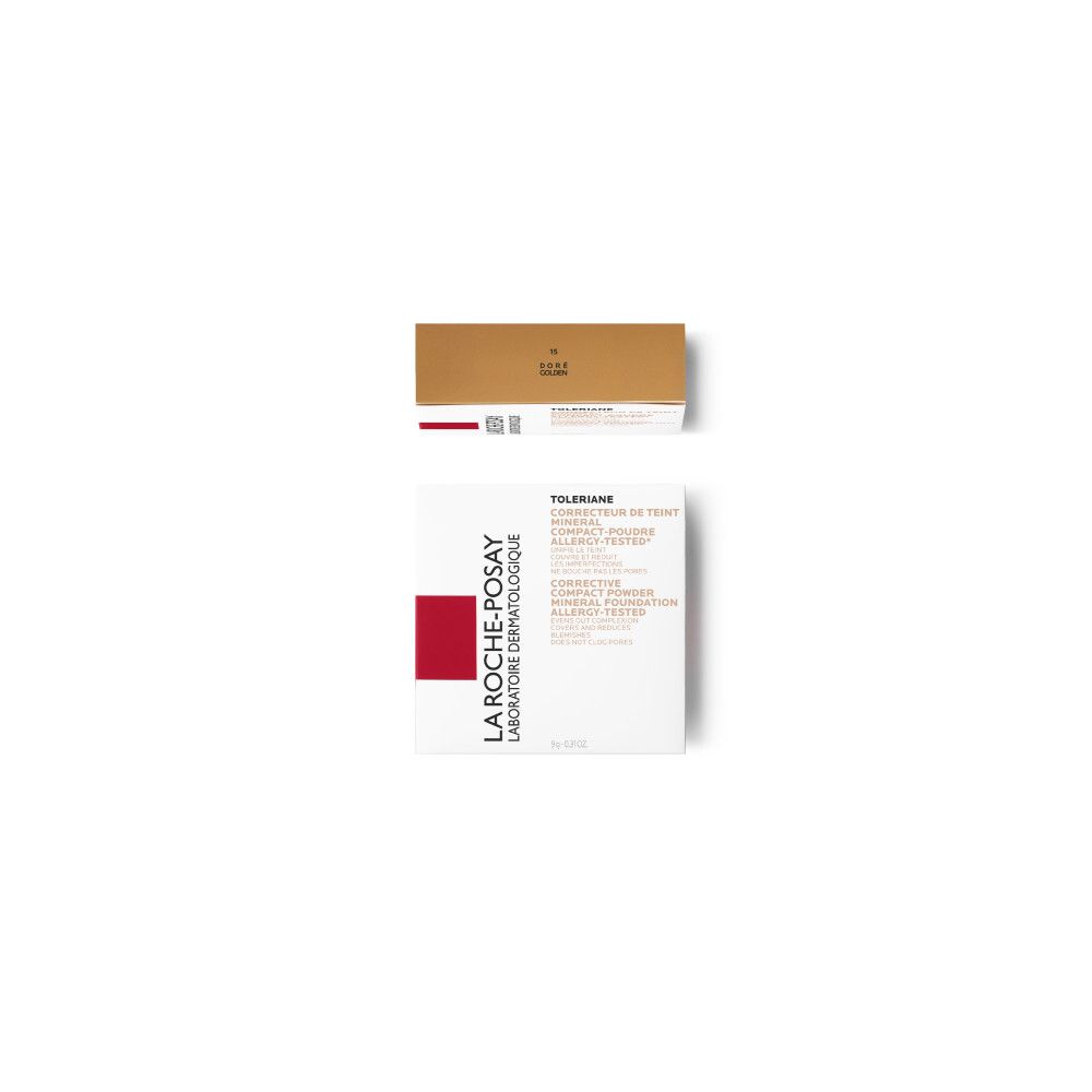 Poudre compacte de maquillage et emballage. Toleriane et La Roche-Posay sont écrits sur l'emballage.