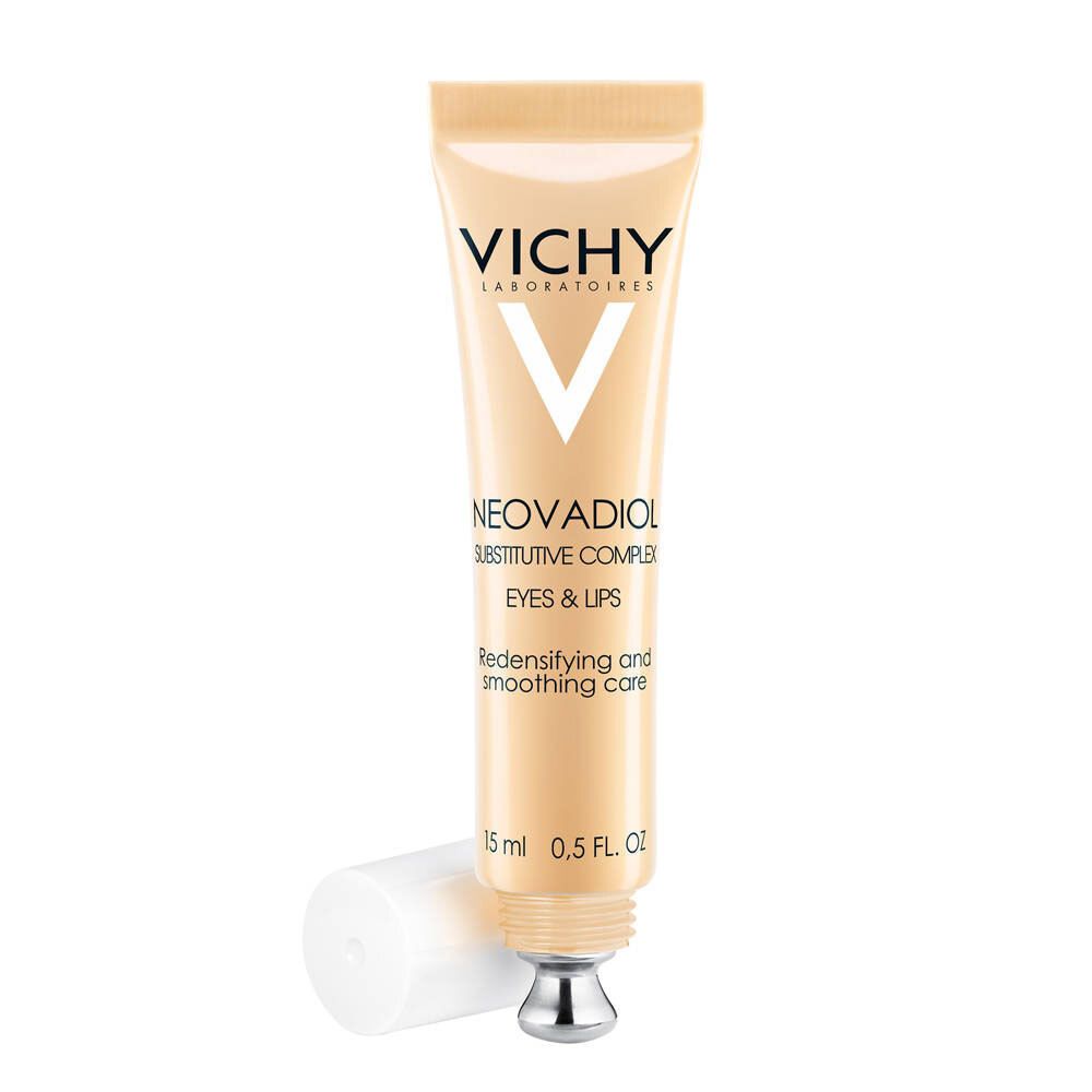 Tube de crème avec embout argenté. Inscription: VICHY, Neovadiol Eyes & Lips. Bouchon à côté.