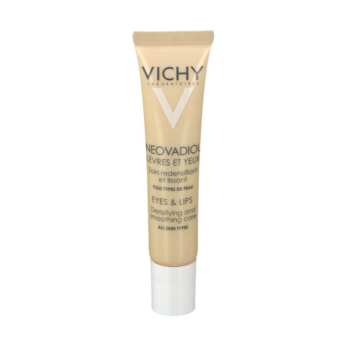 Tube de crème avec bouchon blanc. Inscription: VICHY, Neovadiol Levres et Yeux. Tous types de peau.