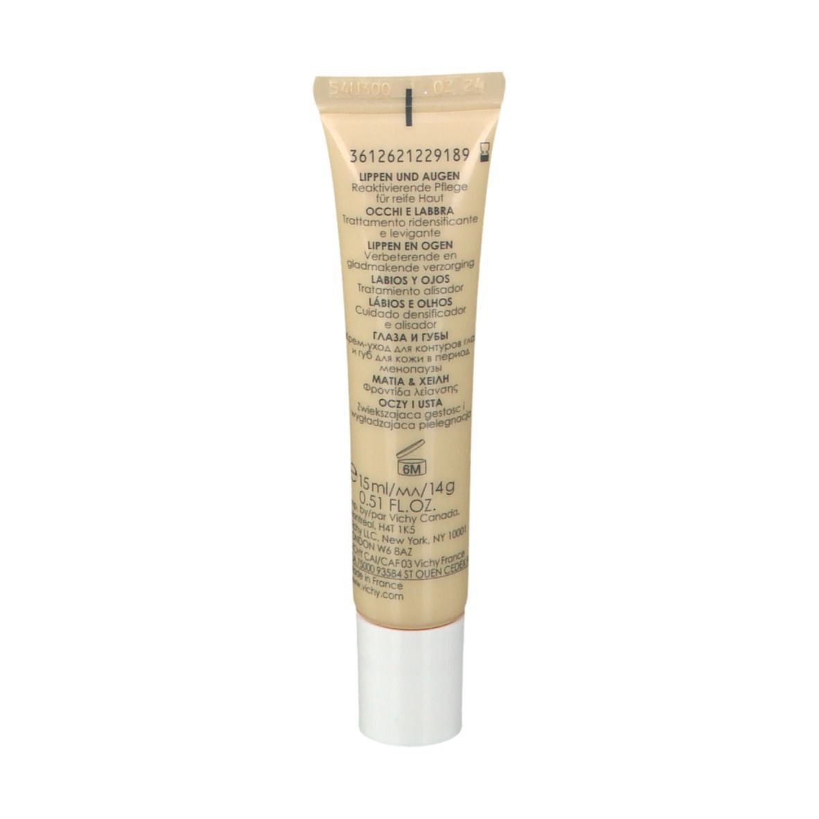 Dos du tube de crème. Inscription: Lèvres et yeux, yeux et lèvres. Plusieurs langues.