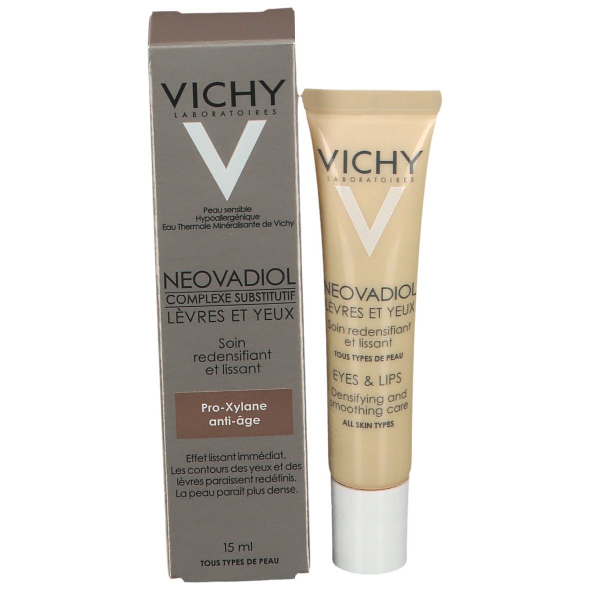 Tube de crème et boîte. Inscription: VICHY, Neovadiol Levres et Yeux. Pro-Xylane Anti-Age.