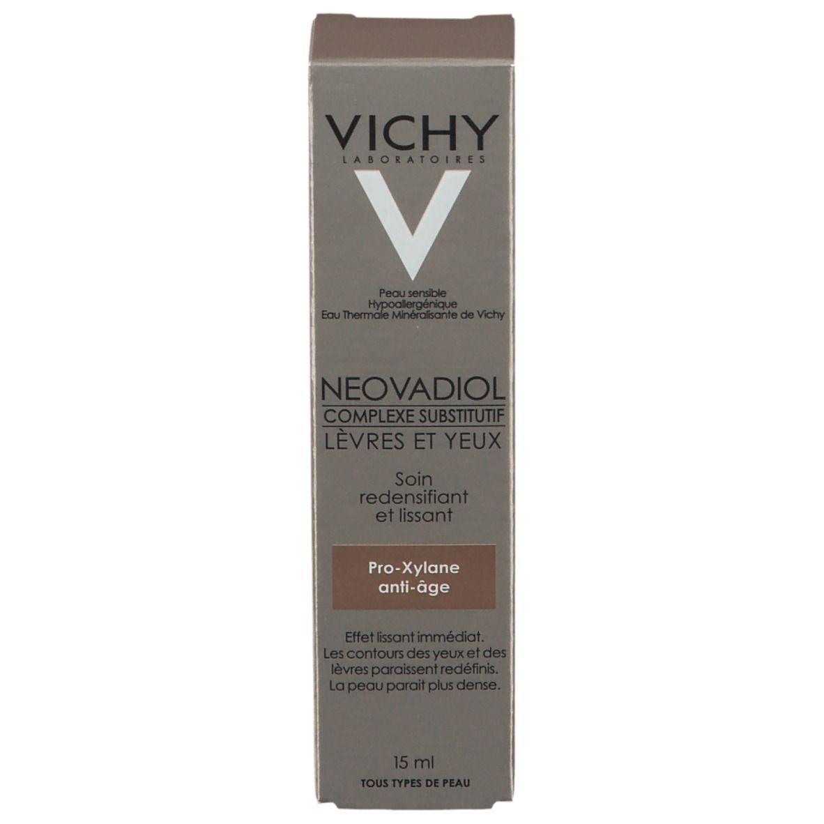 Boîte avec inscription: VICHY, Neovadiol Levres et Yeux. Pro-Xylane Anti-Age. Tous types de peau.