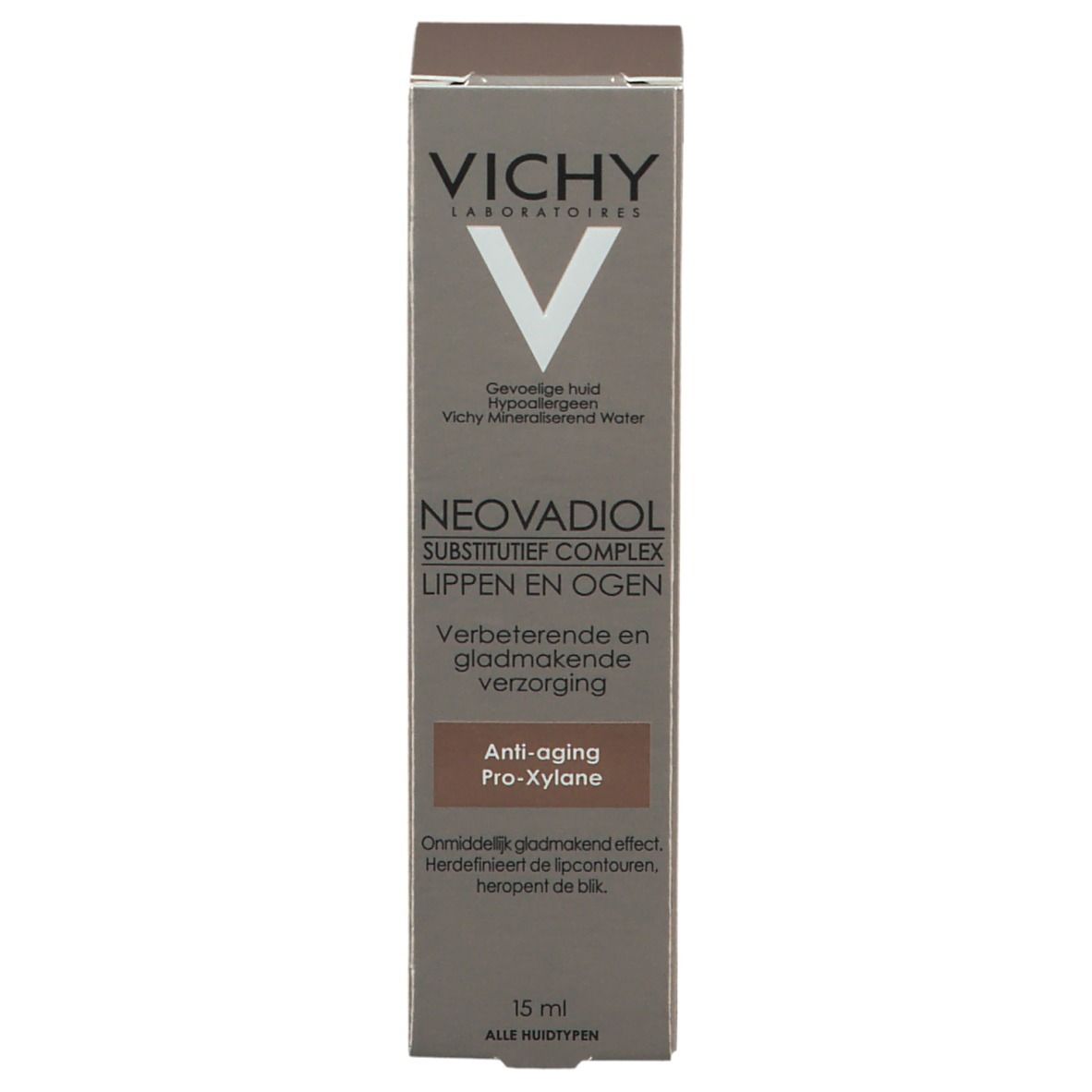 Boîte avec inscription: VICHY, Neovadiol Lèvres et yeux. Anti-âge Pro-Xylane. 15 ml.