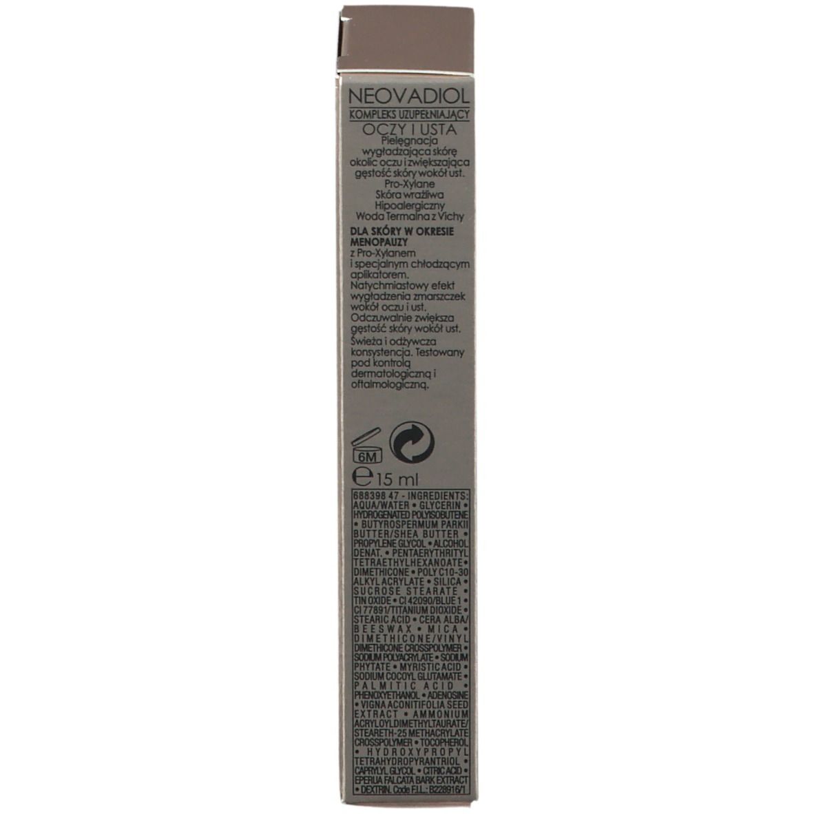 Côté de la boîte. Inscription: Ingrédients, informations fabricant. 15 ml.