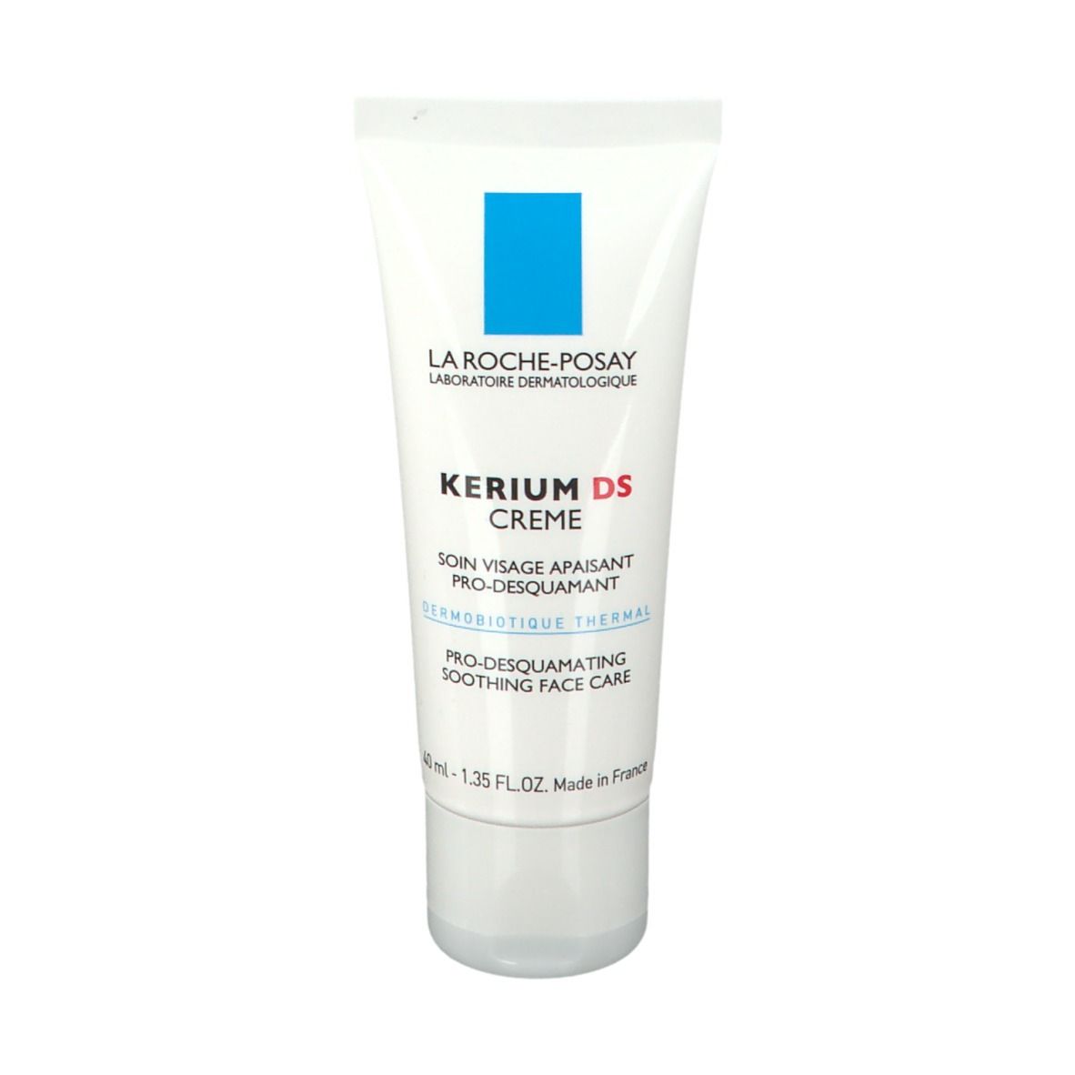 Witte crèmetube met blauw vierkant en tekst. Merk: La Roche-Posay. Product: Kerium DS Crème.
