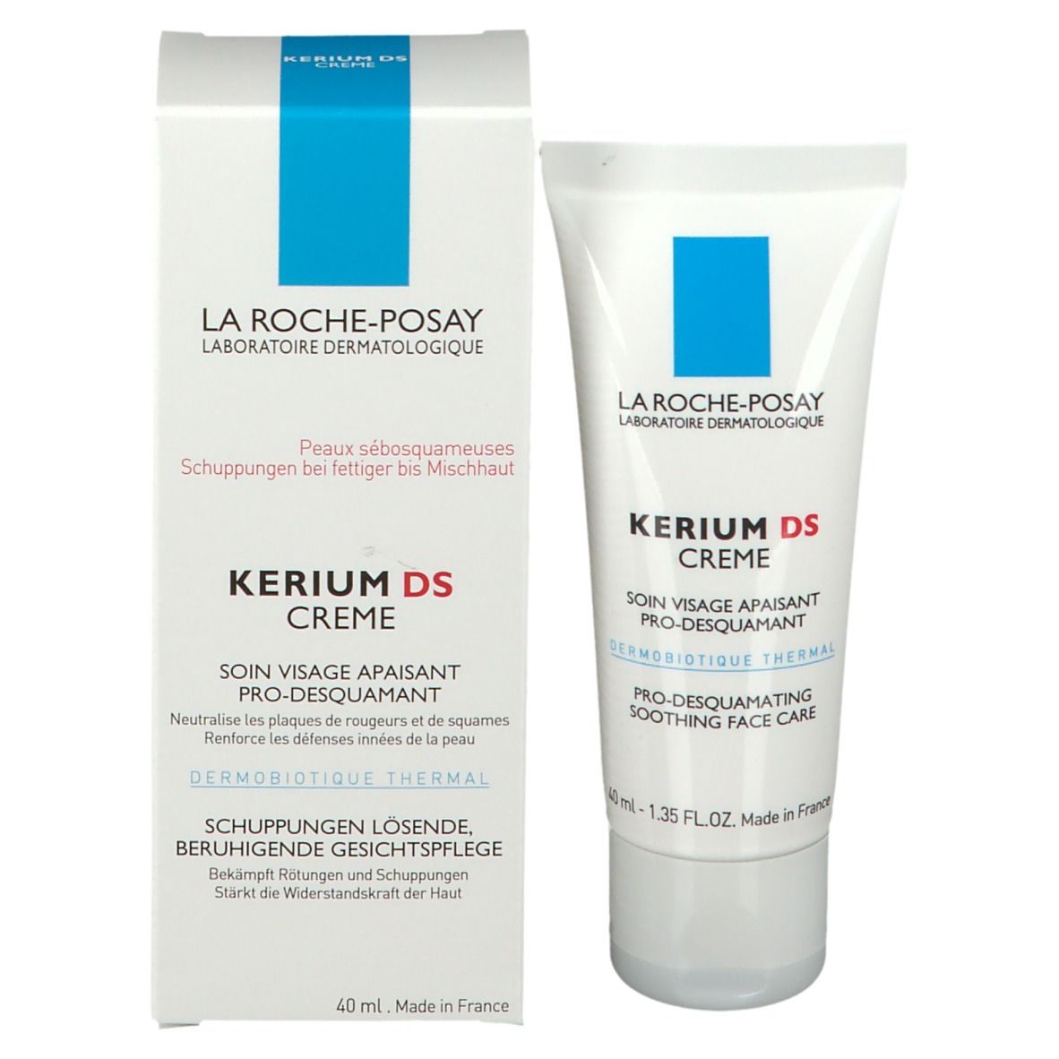 Productverpakking. Witte doos met crèmetube. Merk: La Roche-Posay. Product: Kerium DS Crème.