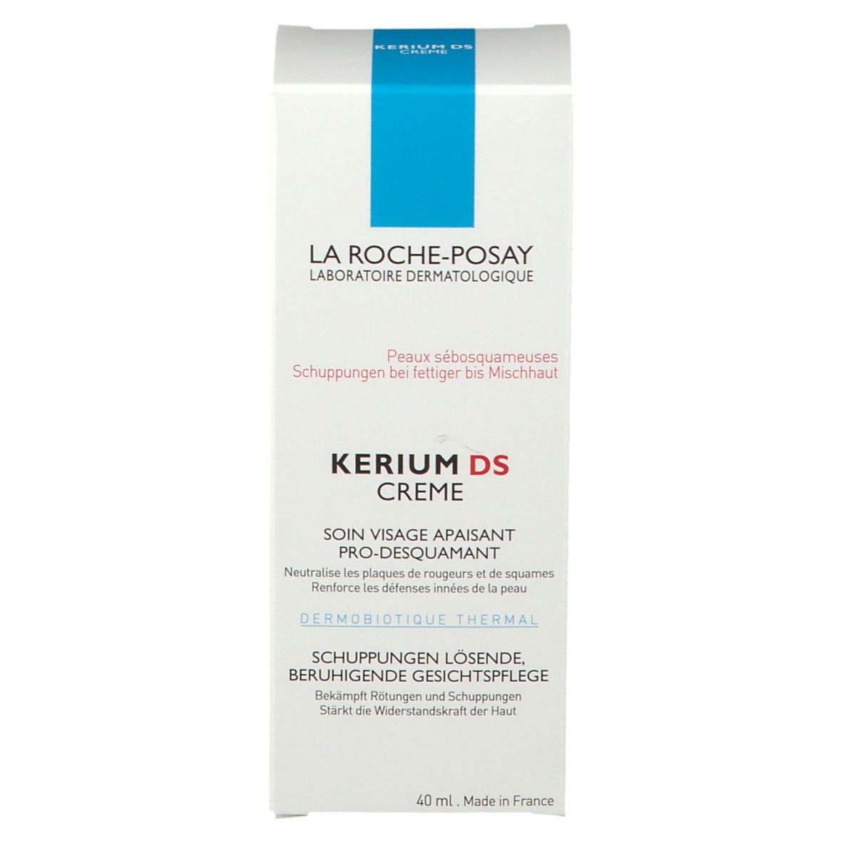 Productverpakking. Witte doos met tekst. Merk: La Roche-Posay. Product: Kerium DS Crème.
