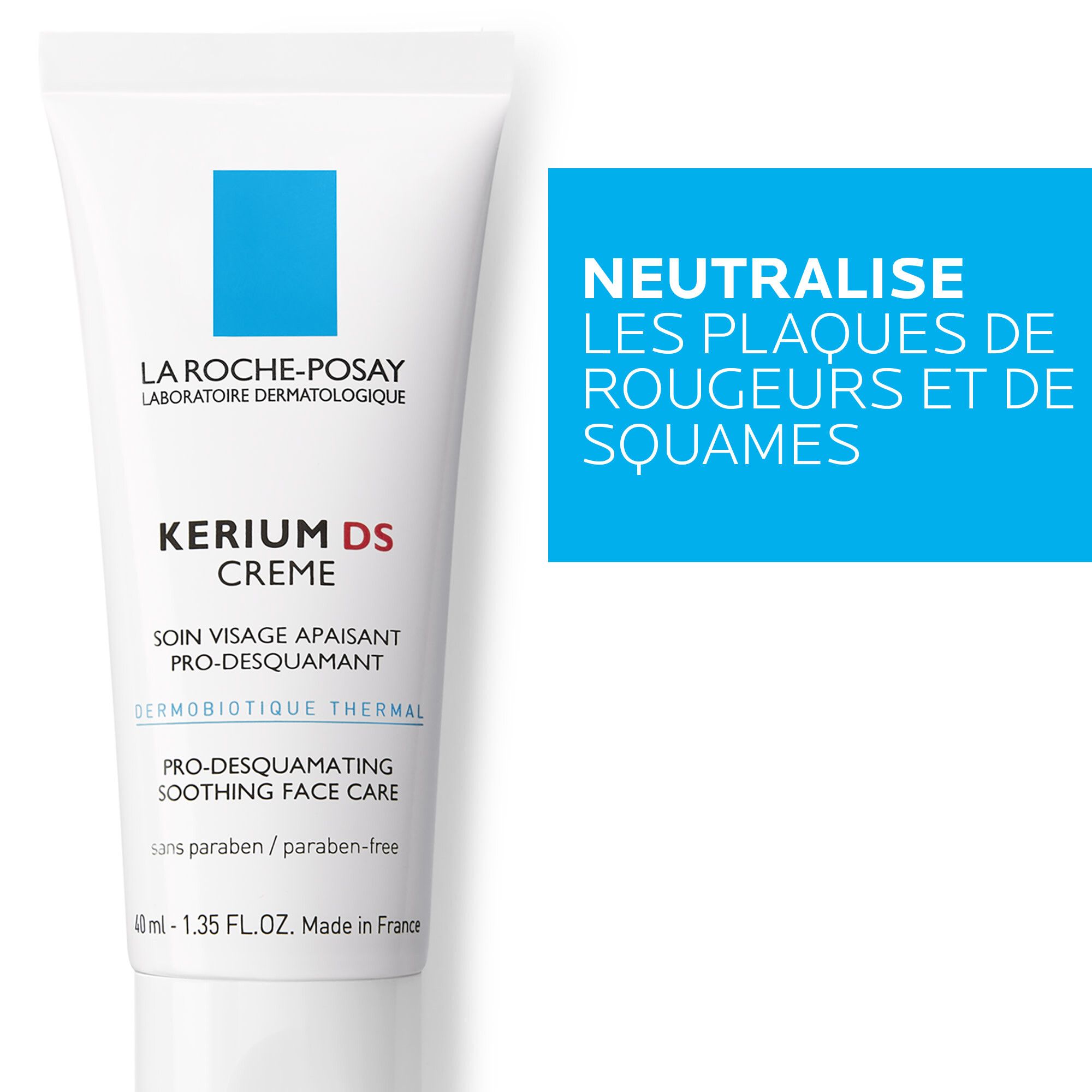 Witte crèmetube met blauw vierkant en tekst. Merk: La Roche-Posay. Product: Kerium DS Crème.