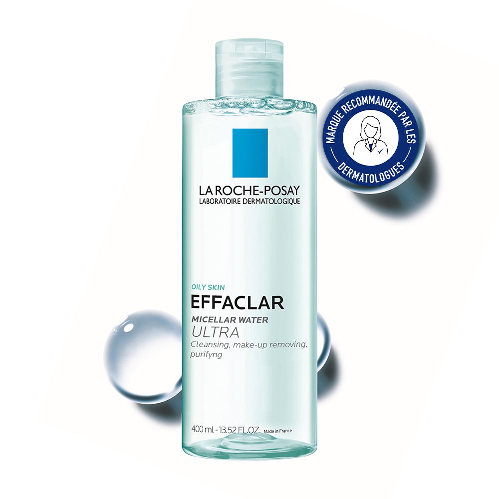 Flacon Effaclar Eau Micellaire Ultra avec logo bleu et sceau.
