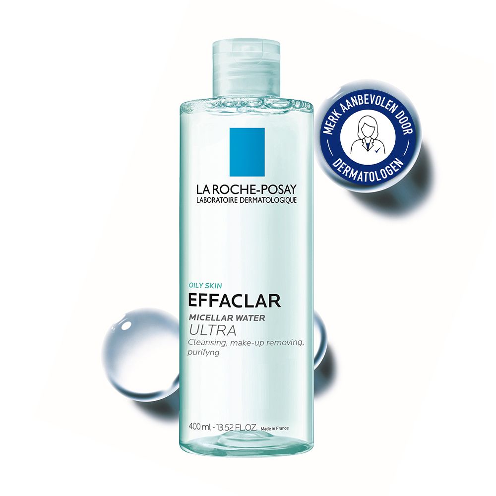 Fles Effaclar Micellair Water Ultra met blauw logo en zegel.