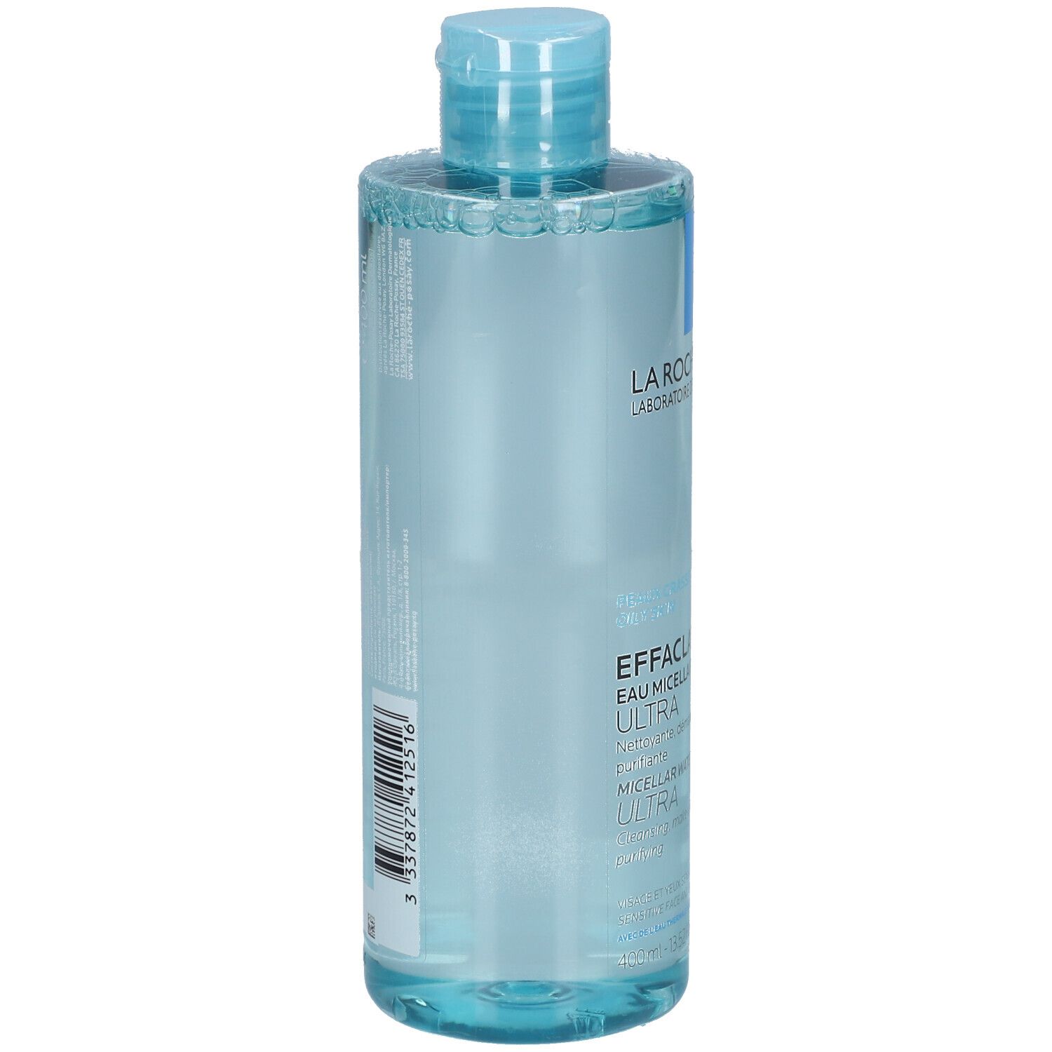 Achterkant van de fles Effaclar Micellair Water Ultra. Barcode en tekst.