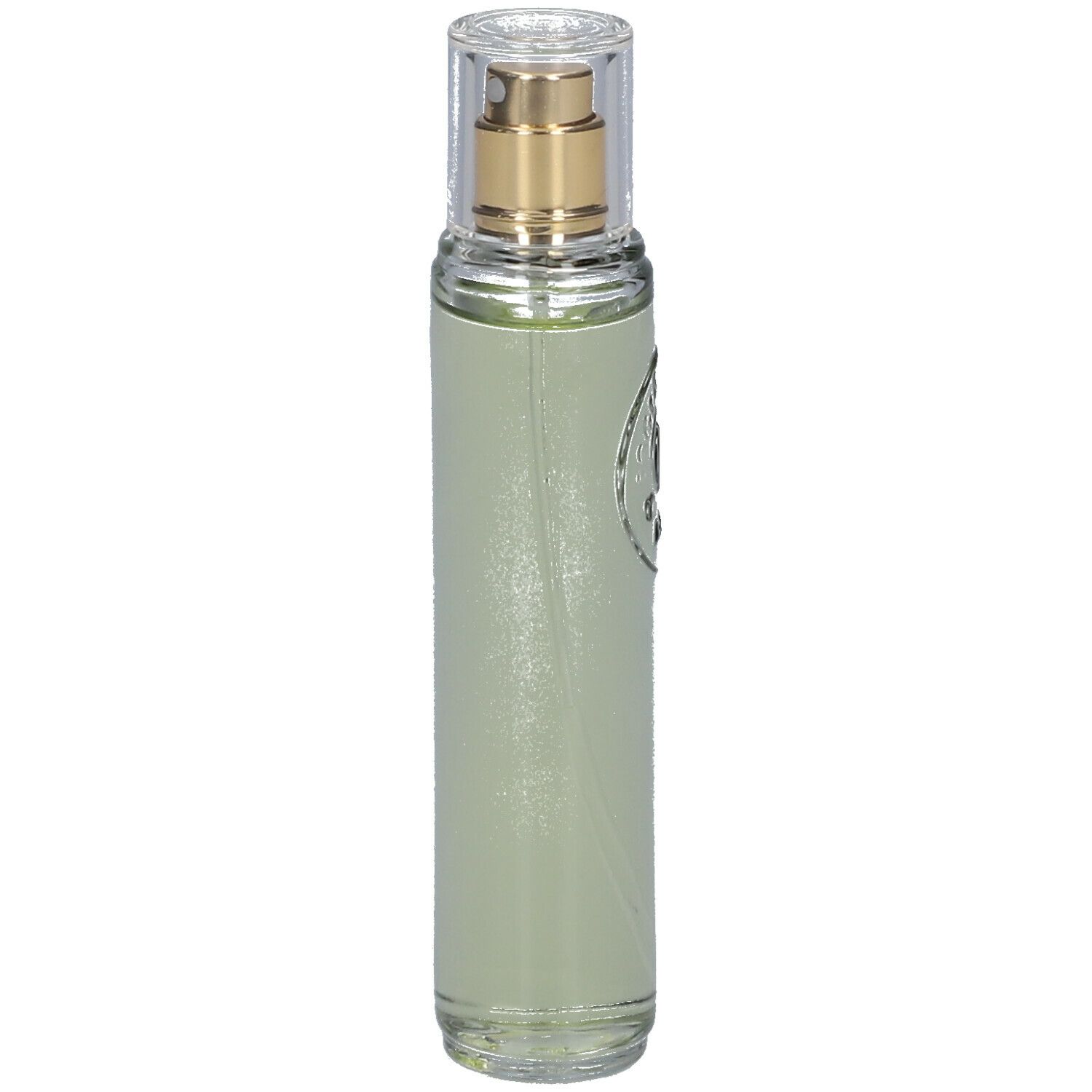 Flacon fin avec vaporisateur. Bouteille en verre transparent avec tête de pulvérisation dorée et bouchon transparent. Logo.