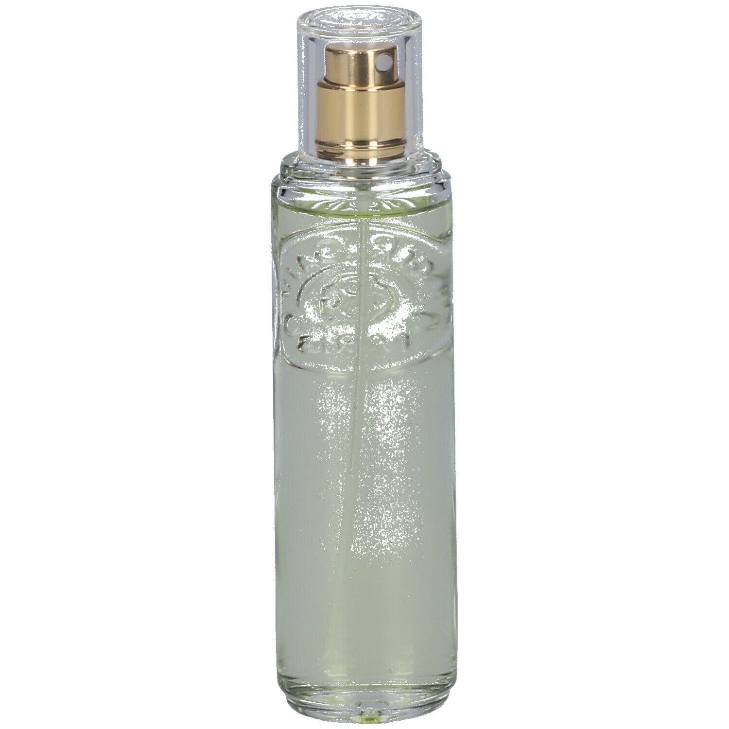 Flacon vaporisateur en verre transparent. Tête de pulvérisation dorée, capuchon transparent. Logo en relief sur le devant.