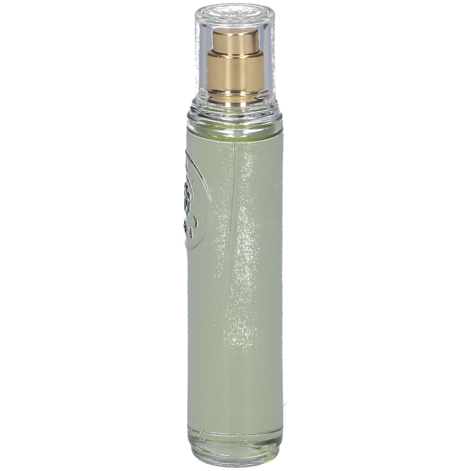 Flacon fin avec vaporisateur. Bouteille en verre transparent avec tête de pulvérisation dorée et bouchon transparent. Logo.
